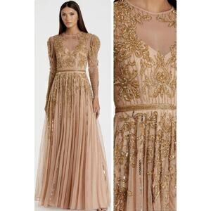 MAC DUGGAL Size 4 Nude Gold Beaded Maxi Gown Illusion Puff Long Sleeve 93638 NWT